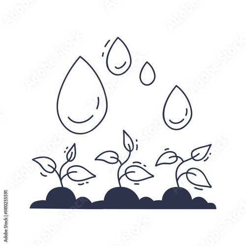 Illustration of smiling water droplets nurturing growing plants, symbolizing growth and sustainability.