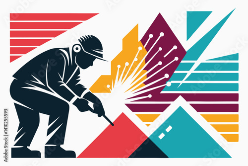 A person welding, sparks flying — silhouette style with angular retro shapes in the background.
Feel: Rugged, determined, 80s industrial poster vibe.


