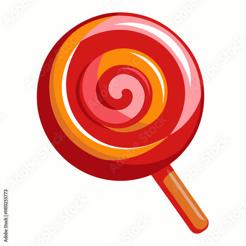 A red and orange swirled lollipop resting on a clean white background.
