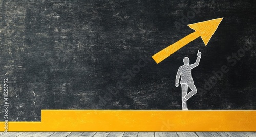 Chalk figure ascends yellow arrow on a platform, symbolizing growth and progress