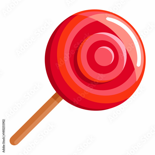 A red and orange swirled lollipop resting on a clean white background.