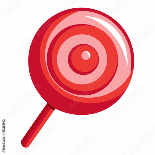 A red and orange swirled lollipop resting on a clean white background.