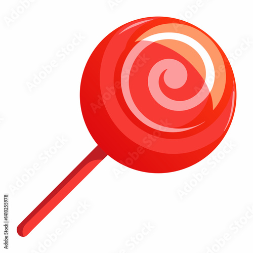 A red and orange swirled lollipop resting on a clean white background.