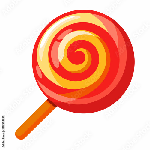 A red and orange swirled lollipop resting on a clean white background.