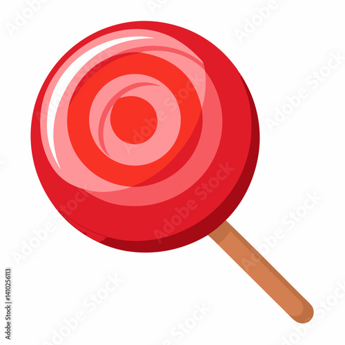 A red and orange swirled lollipop resting on a clean white background.
