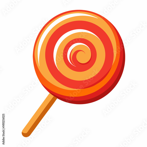 A red and orange swirled lollipop resting on a clean white background.