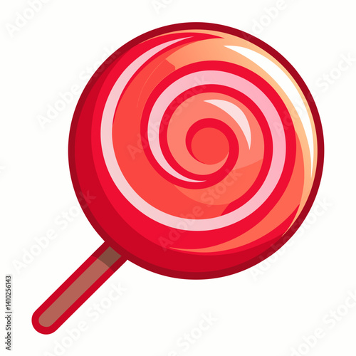 A red and orange swirled lollipop resting on a clean white background.