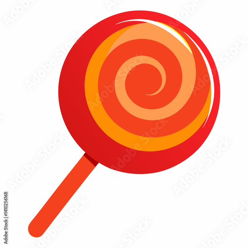 A red and orange swirled lollipop resting on a clean white background.