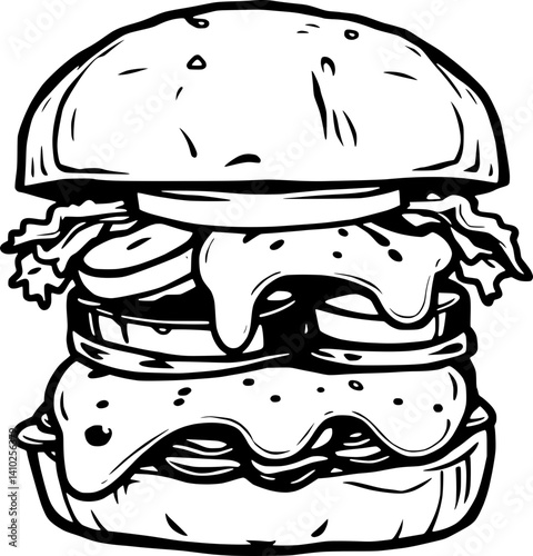 Delicious Juicy Burger Illustration A Detailed Black And White Drawing Of A Gourmet Hamburger With Cheese
