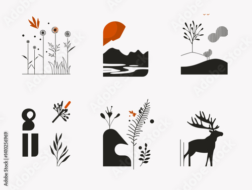 Minimalist Nature Silhouettes: A collection of elegant, minimalist nature silhouettes, showcasing abstract renditions of floral elements, mountainous landscapes, trees, birds, and animals.