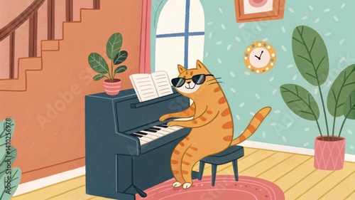 Cat wearing tiny sunglasses playing upright piano in a colorful home A cat playing piano in a cozy, colorful room with plants and decor.