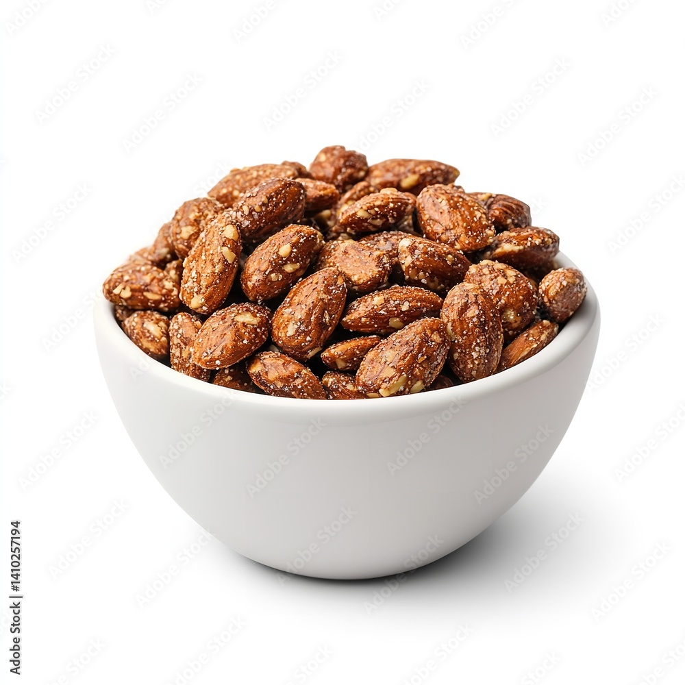 Fototapeta premium Candied almonds in bowl sweet treat snack dessert nuts healthy food delicious gourmet crunchy roasted 100