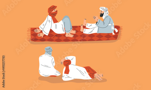 Camping in Hot Desert with Sand Landscape with Tourist and Arab Bedouin Vector Illustration