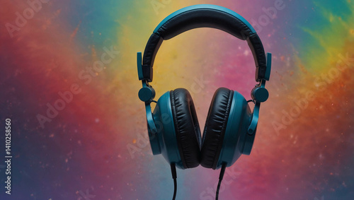 Headset headphones on colorful pastel splash background. Minimal abstract party, fun and love for music concept. Lifestyle and design idea. Copy space.	