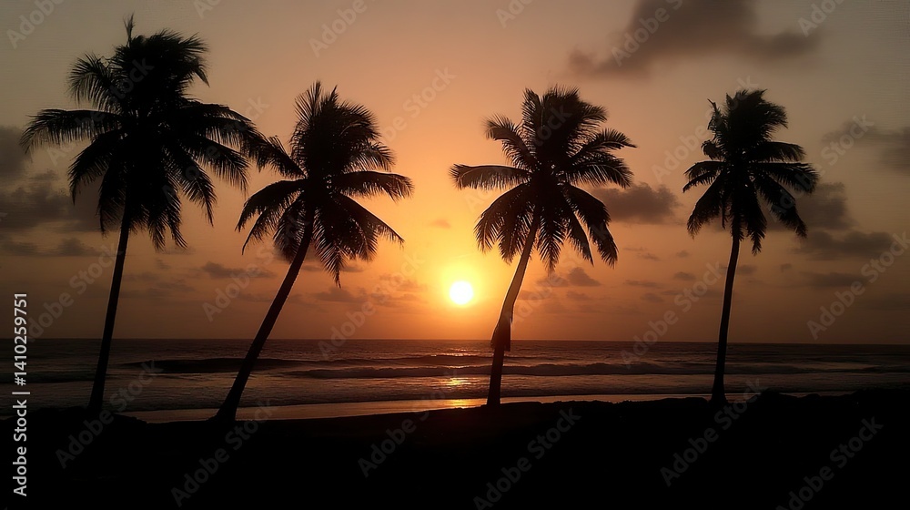 Silhouettes of palm trees at sunset over a tranquil ocean beach. Silhouettes of palm trees at sunset over a tranquil ocean beach.