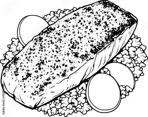 Baked Salmon Fillet Served With Rice And Lemon Wedges