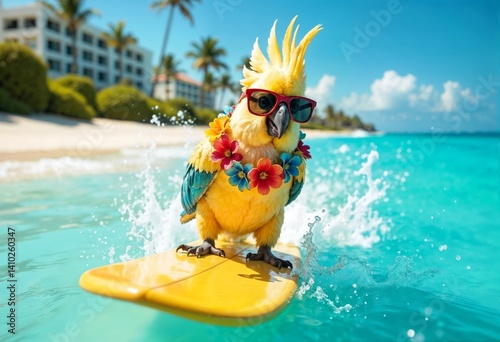 Cockatoo on Surfboard at Tropical Beach photo
