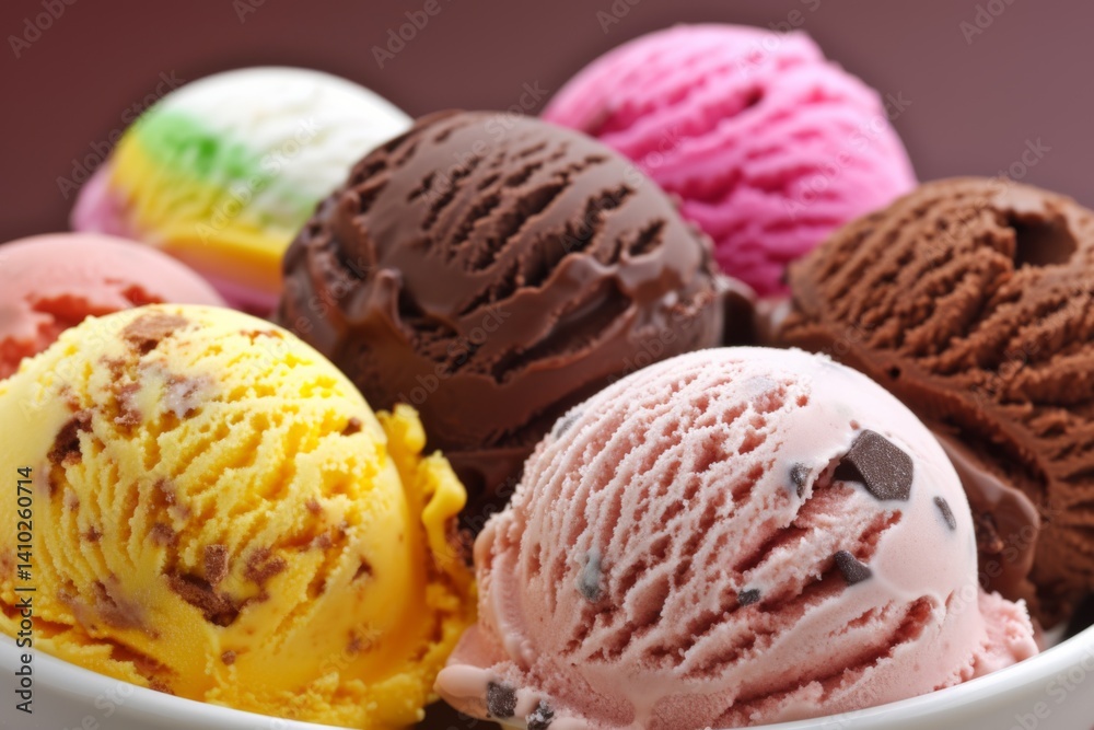 Assortment of various flavored ice cream scoops in a white bowl on a dark background. Assortment of various flavored ice cream scoops in a white bowl on a dark background.