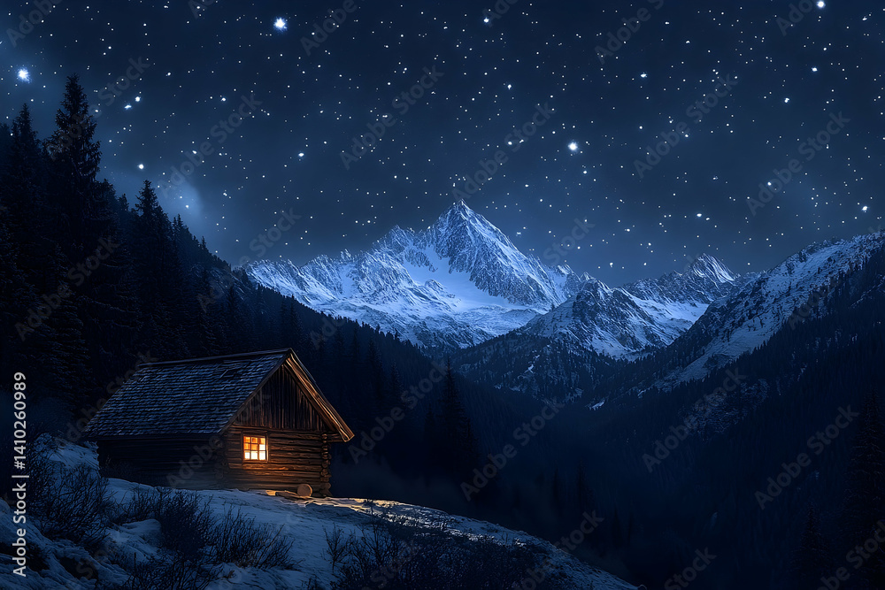 Fototapeta premium Alpine cabin nestled in a snow-dusted mountain valley under a star-studded night sky.