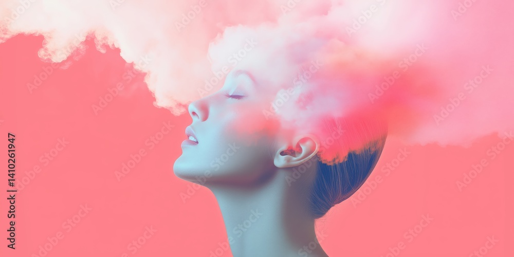Surreal conceptual image of a woman’s head blending with colorful clouds, symbolizing imagination, dreams, or mental states. Soft pink tones and minimalist composition evoke a sense of calm Surreal conceptual image of a woman’s head blending with colorful clouds, symbolizing imagination, dreams, or mental states. Soft pink tones and minimalist composition evoke a sense of calm