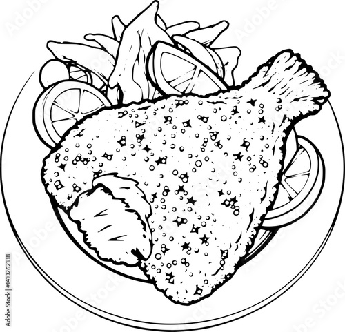 Breaded Fish Dish Served With Lemon Wedges And Vegetables