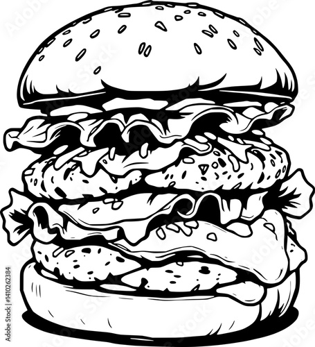Delicious Double-Decker Burger Illustration A Black And White Drawing Of A Large Juicy Burger With Lettuc