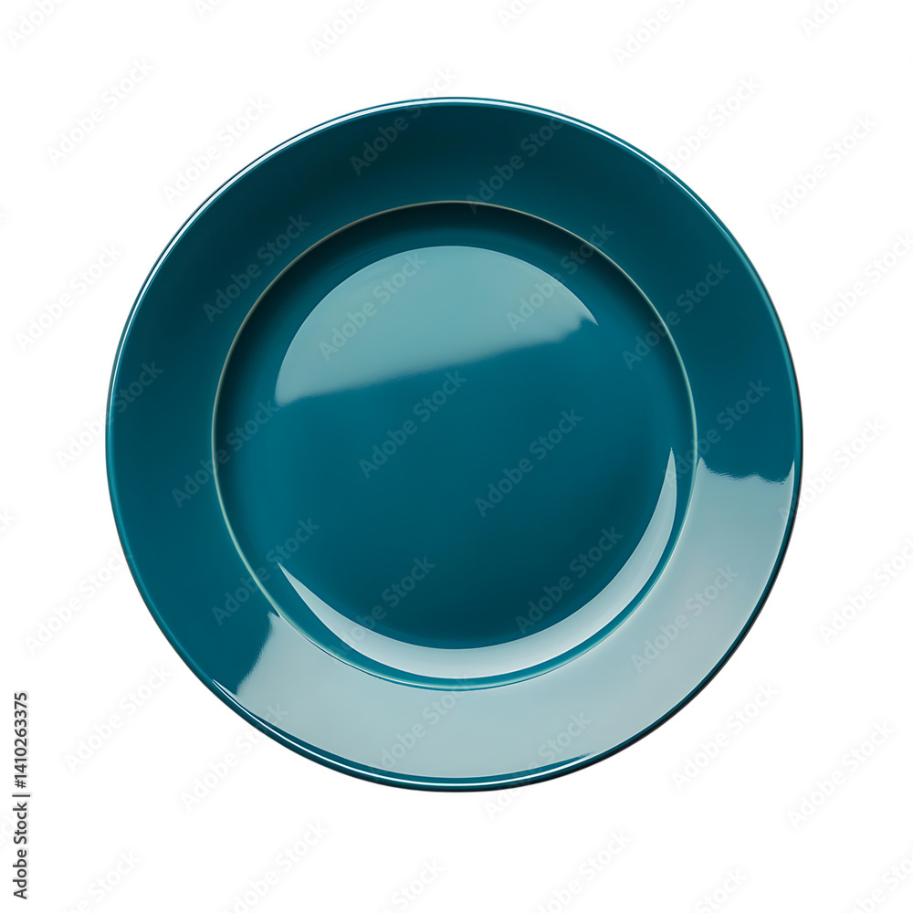 Glossy teal colored round ceramic plate seen from overhead with smooth curved edges and minimalist style placed cleanly on a transparent background without decoration or shadow