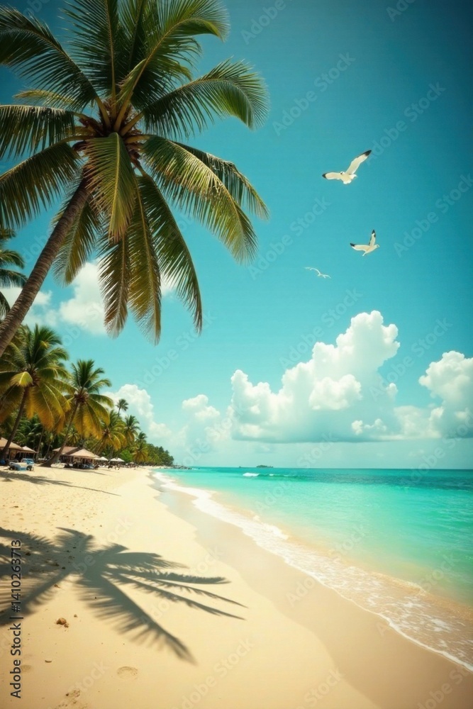 Fototapeta premium Vintage toned photo of sandy beach with palm trees and seagulls flying overhead, distressed film, beach, seagull