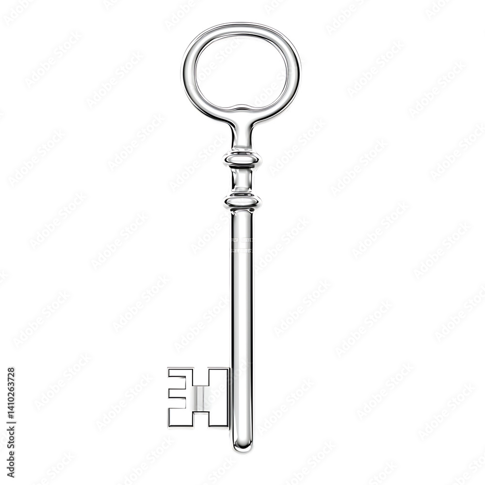 Polished silver skeleton key with circular bow and classic notched blade design standing upright isolated on a clean transparent background with no shadow or additional objects