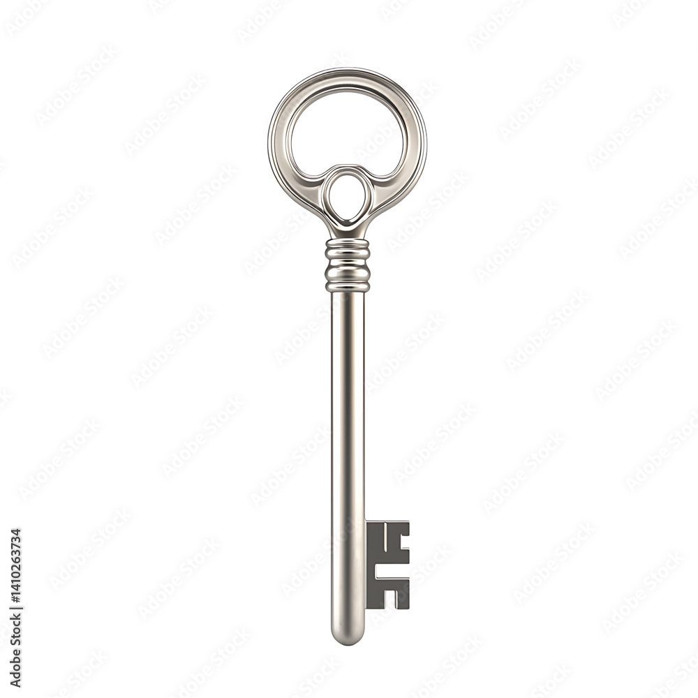 Polished silver skeleton key with circular bow and classic notched blade design standing upright isolated on a clean transparent background with no shadow or additional objects Polished silver skeleton key with circular bow and classic notched blade design standing upright isolated on a clean transparent background with no shadow or additional objects