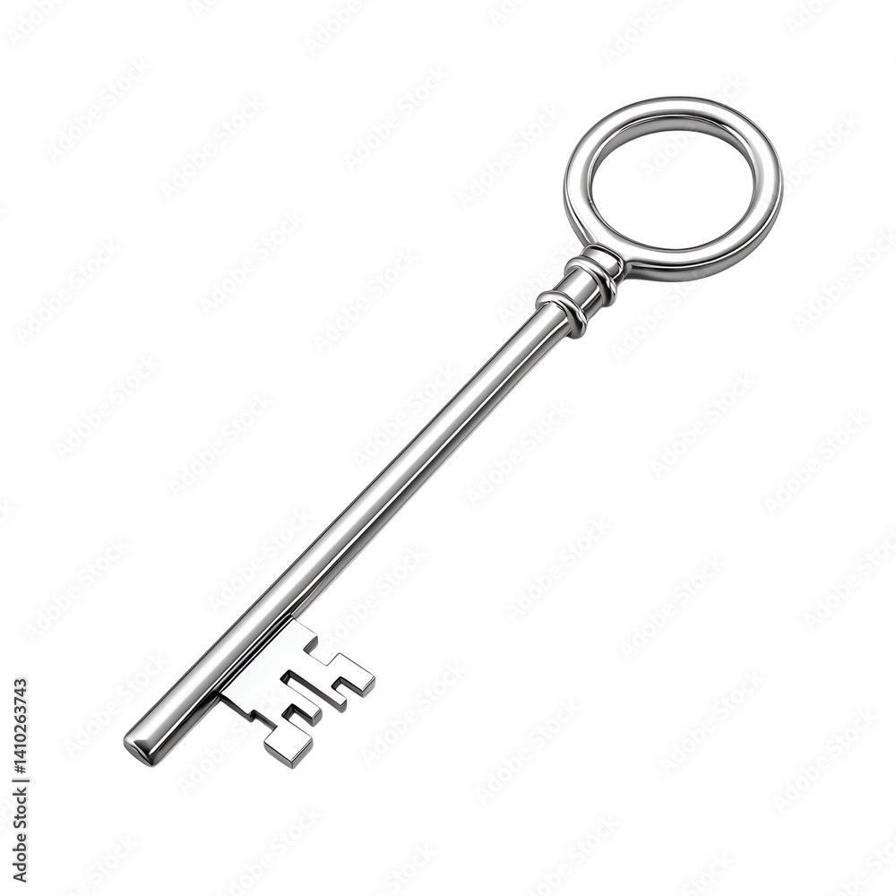 Polished silver skeleton key with circular bow and classic notched blade design standing upright isolated on a clean transparent background with no shadow or additional objects