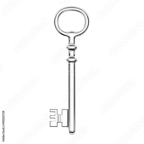 Obraz na płótnie Polished silver skeleton key with circular bow and classic notched blade design standing upright isolated on a clean transparent background with no shadow or additional objects w salonie