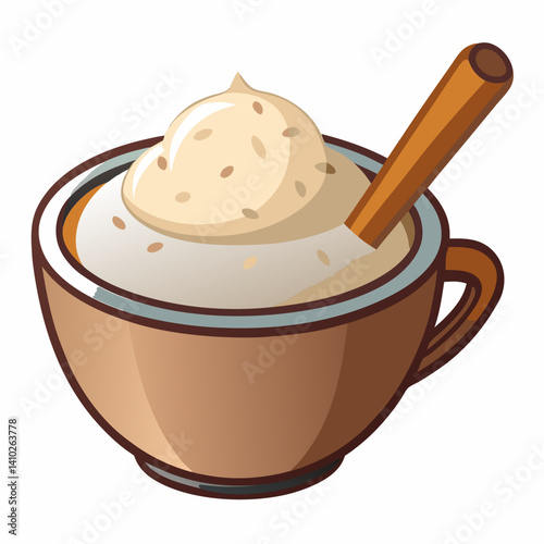 A cup of coffee topped with cinnamon, accompanied by a silver spoon resting beside it on a wooden table.