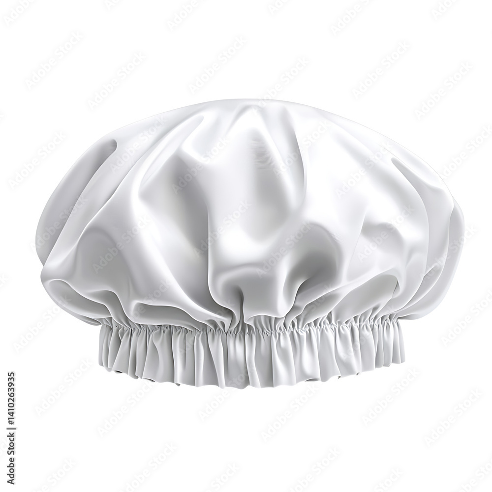 Glossy white satin shower cap with ruffled texture and elastic band edge shown isolated on a transparent background with no shadow or external detail