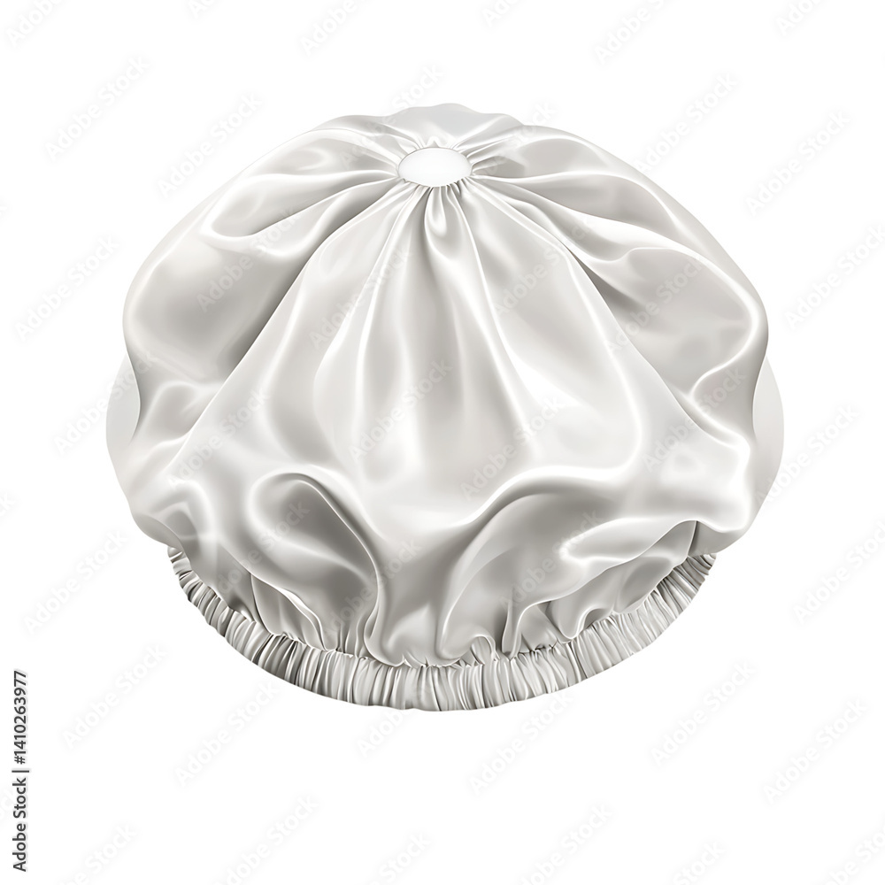 Glossy white satin shower cap with ruffled texture and elastic band edge shown isolated on a transparent background with no shadow or external detail