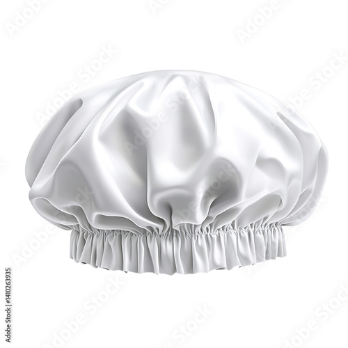 Glossy white satin shower cap with ruffled texture and elastic band edge shown isolated on a transparent background with no shadow or external detail