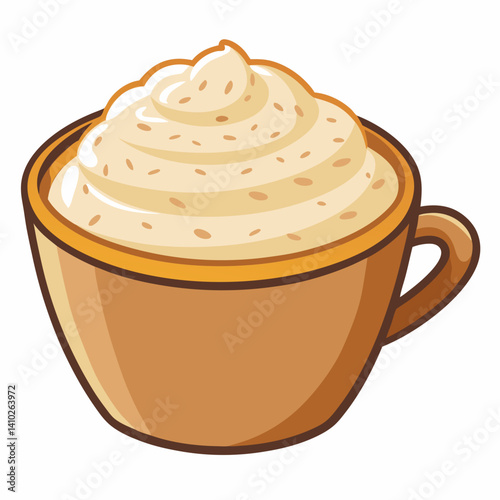 A cup of coffee topped with cinnamon, accompanied by a silver spoon resting beside it on a wooden table.