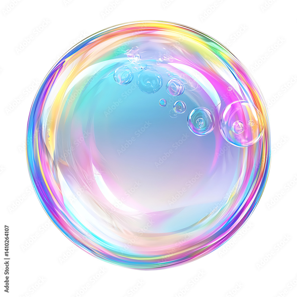 Colorful reflective soap bubble with shiny surface and transparent look featuring tiny clustered bubbles inside and isolated on a black transparent background without any shadow