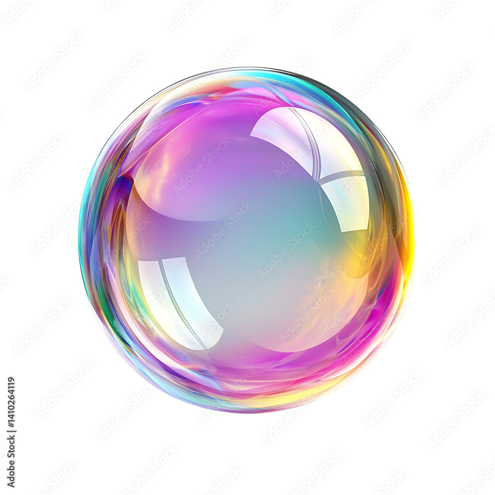 Colorful reflective soap bubble with shiny surface and transparent look featuring tiny clustered bubbles inside and isolated on a black transparent background without any shadow