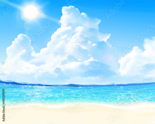 Summer sandy beach - beautiful resort beach frame background illustration of blue sky and sea with sun and clouds.夏の砂浜ー太陽と雲のある青い空と海の美しいリゾートビーチフレームイラスト背景素材