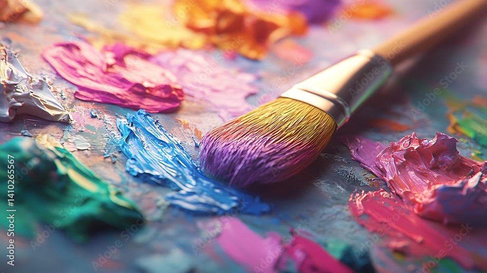 Fototapeta premium Colorful Paint Palette with Brush Ready for Creative Art Projects