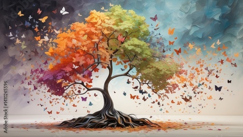 A vibrant, surreal tree with multicolored foliage transitions from orange to green, surrounded by swirling butterflies of various colors