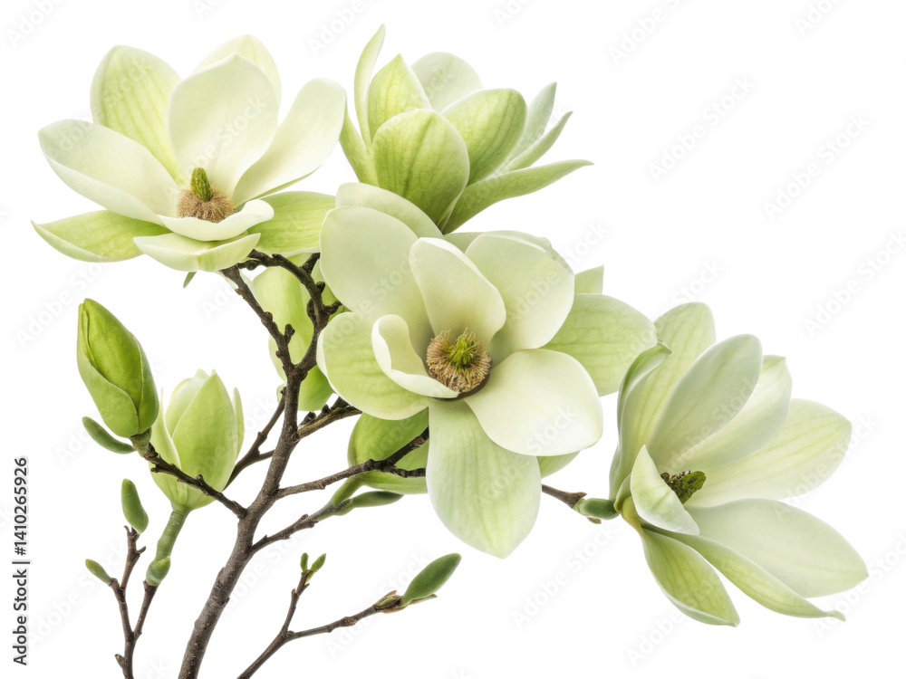 Obraz premium Magnolia flowers bloom gracefully, showcasing their delicate petals and vibrant green leaves, creating serene and beautiful scene