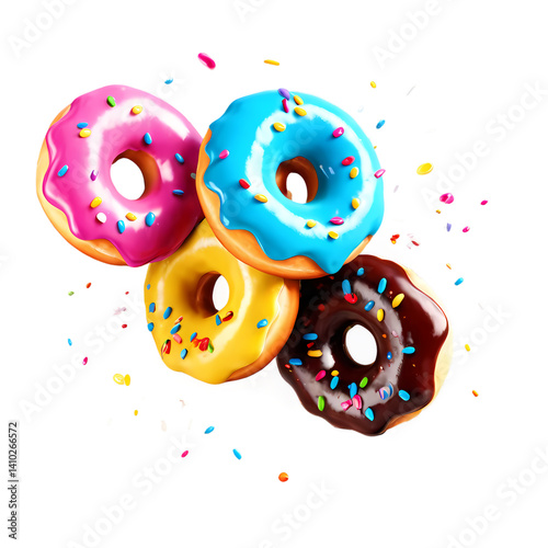 Delicious colorful donuts with sprinkles assorted flavors sweet treats bakery confectionary dessert shop on transparent background