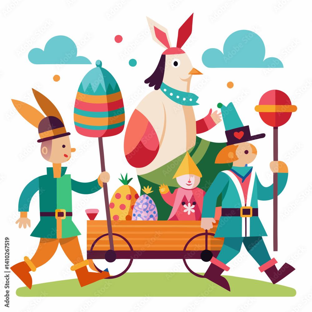 Fototapeta premium Easter Parade characters celebrating with a decorated cart in spring