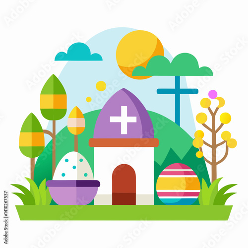 Easter Sunday icon with church, eggs, and spring landscape