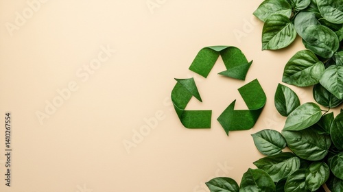 A vibrant green recycling symbol crafted from leaves rests on a beige background flanked by lush green foliage representing eco-friendly recycling and sustainable practices for a