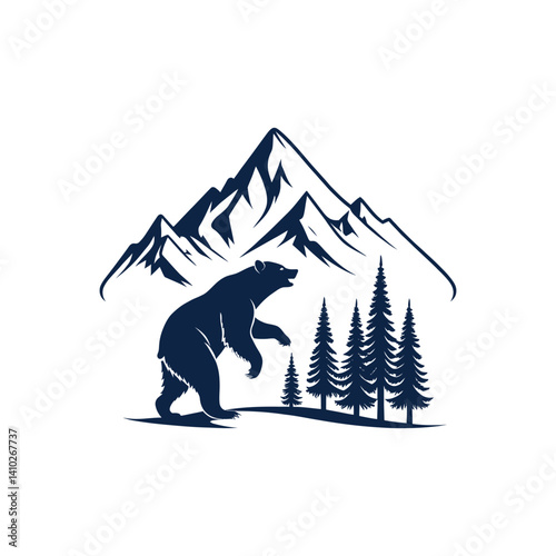 bear and mountains silhouette logo vector line art logo design