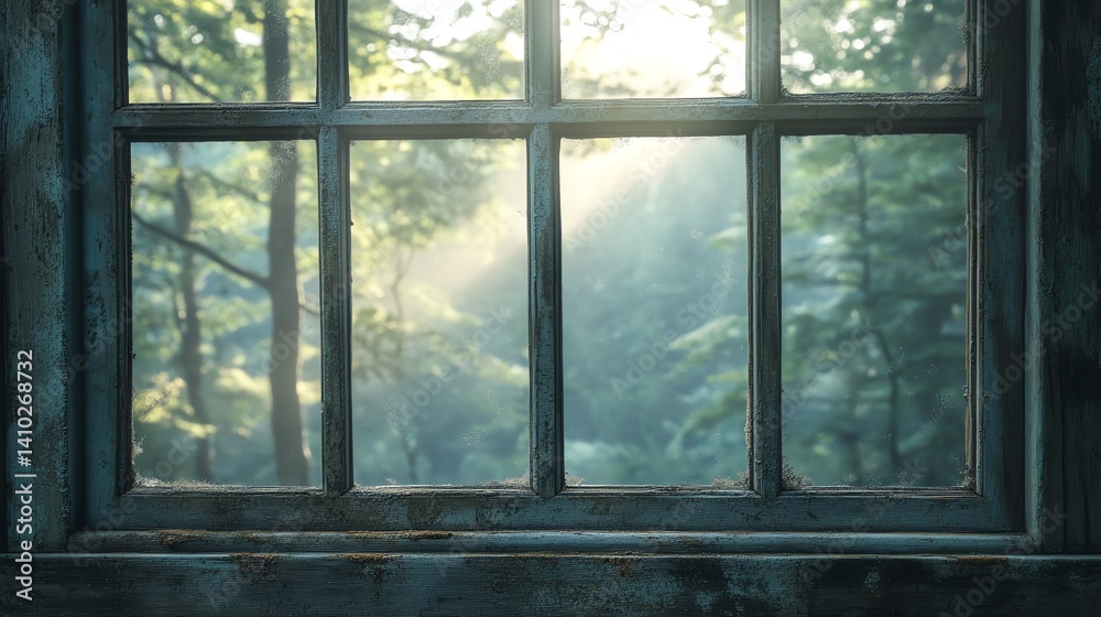 Fototapeta premium Looking Through Old Window at Sunlight Streaming Into a Dense Forest