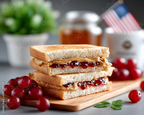 Two halves of a peanut butter and jelly sandwich on a wooden board, accompanied by grapes and a small American flag